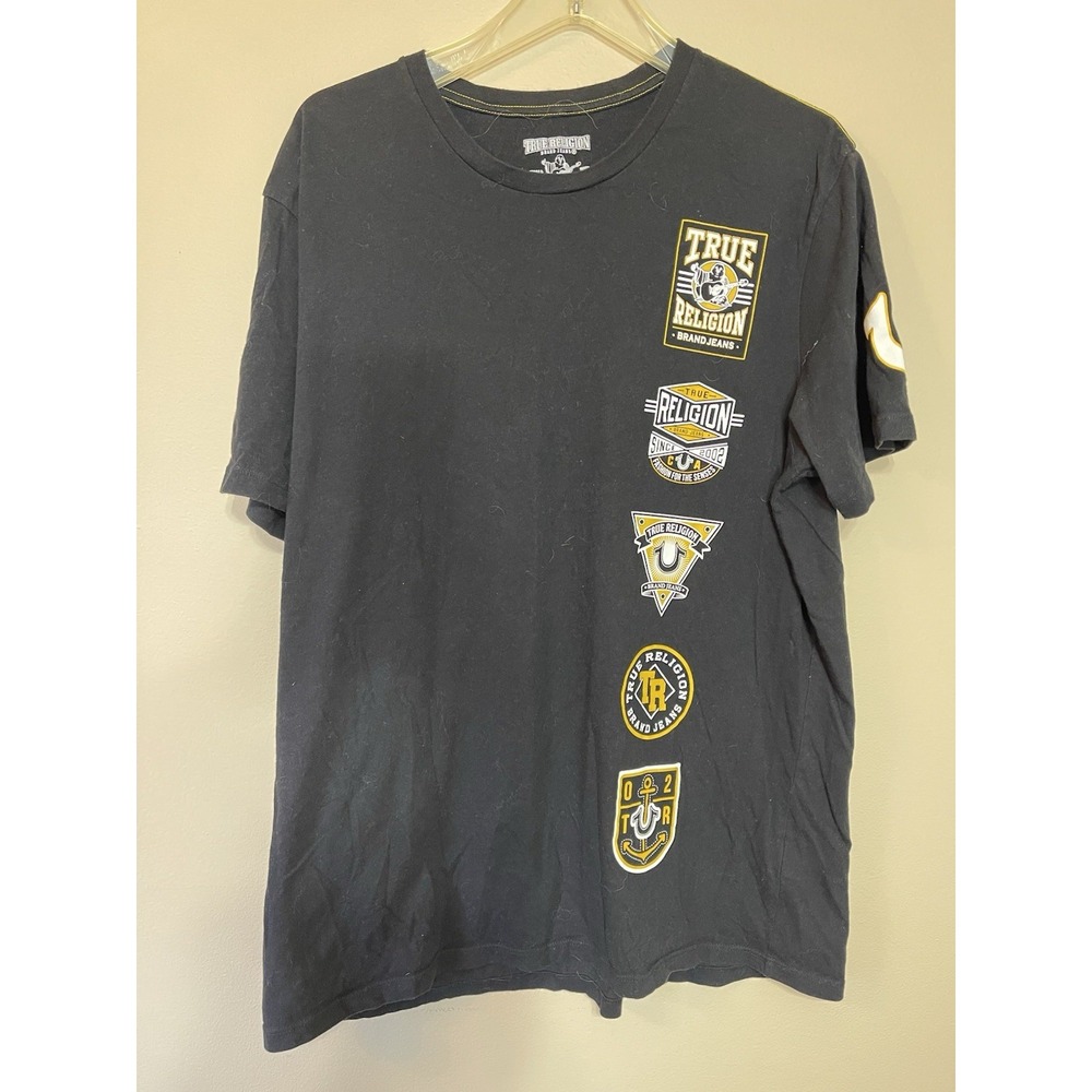 True Religion Mens World Tour Graphic Patch Black Cotton T-Shirt XL